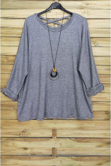 LARGE SIZE SWEATER BACK CROSS + NECKLACE OFFERED 4020 GREY