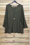 GRANDE TAILLE PULL DOS CROISE + COLLIER OFFERT 4020 VERT MILITAIRE