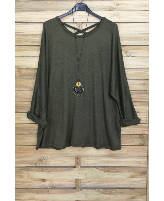 GRANDE TAILLE PULL DOS CROISE + COLLIER OFFERT 4020 VERT MILITAIRE