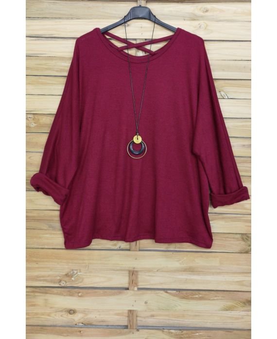 GRANDE TAILLE PULL DOS CROISE + COLLIER OFFERT 4020 BORDEAUX