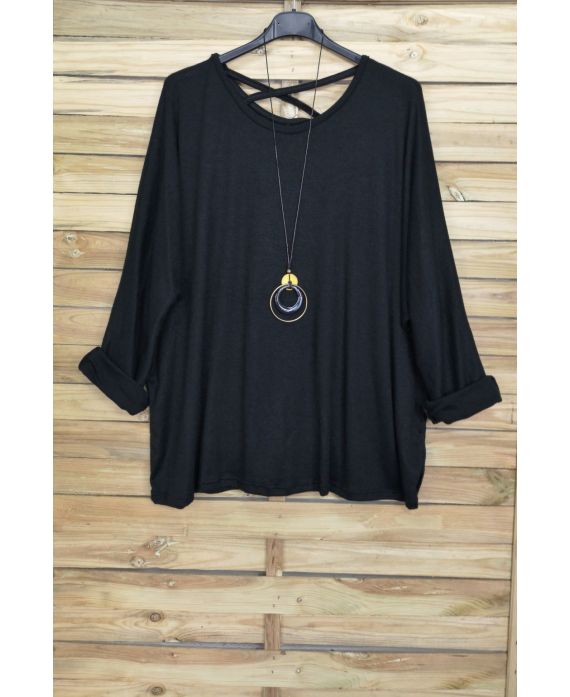 GRANDE TAILLE PULL DOS CROISE + COLLIER OFFERT 4020 NOIR