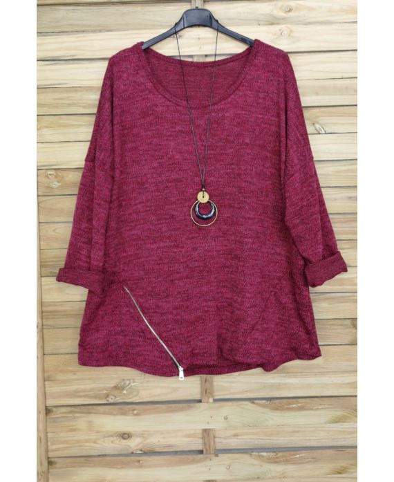 GRANDE TAILLE PULL ZIPPE + COLLIER OFFERT 4018 BORDEAUX