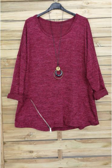 GRANDE TAILLE PULL ZIPPE + COLLIER OFFERT 4018 BORDEAUX