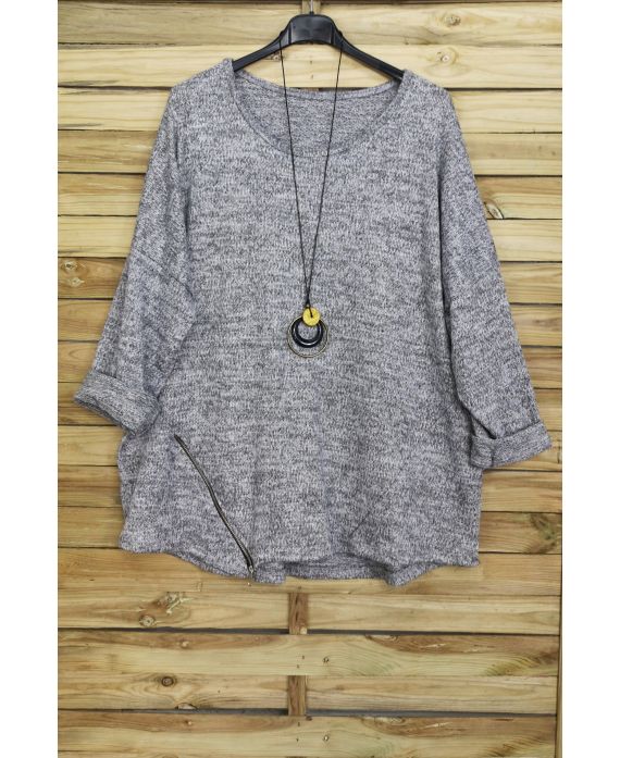 GRANDE TAILLE PULL ZIPPE + COLLIER OFFERT 4018 GRIS