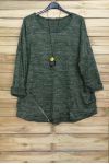 GRANDE TAILLE PULL ZIPPE + COLLIER OFFERT 4018 VERT MILITAIRE