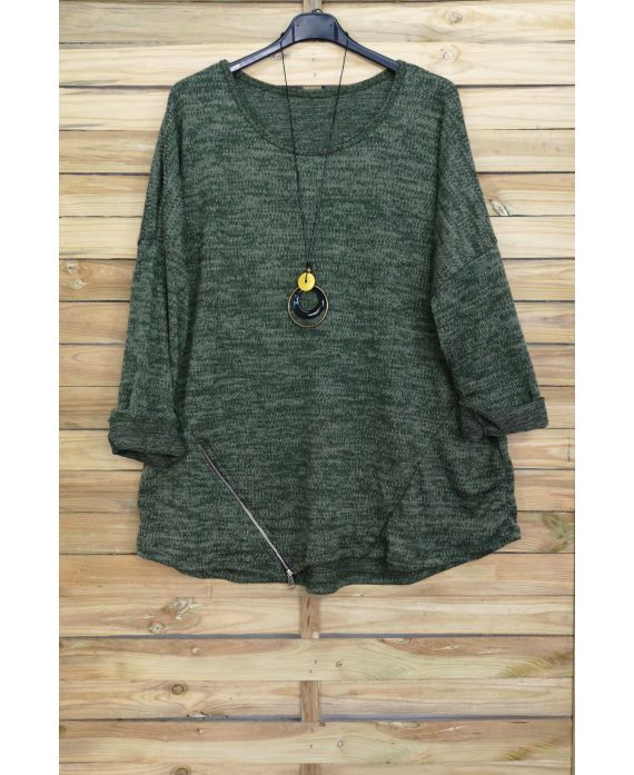 GRANDE TAILLE PULL ZIPPE + COLLIER OFFERT 4018 VERT MILITAIRE