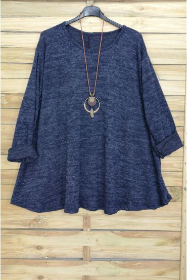 GRANDE TAILLE PULL EVASE + COLLIER OFFERT 4016 BLEU MARINE