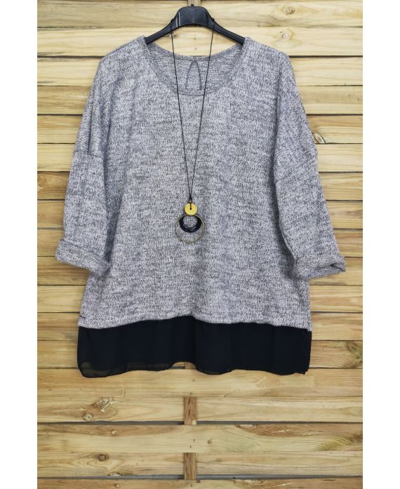 GRANDE TAILLE PULL BASE VOILAGE + COLLIER OFFERT 4012 GRIS