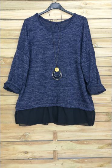 GRANDE TAILLE PULL BASE VOILAGE + COLLIER OFFERT 4012 BLEU MARINE