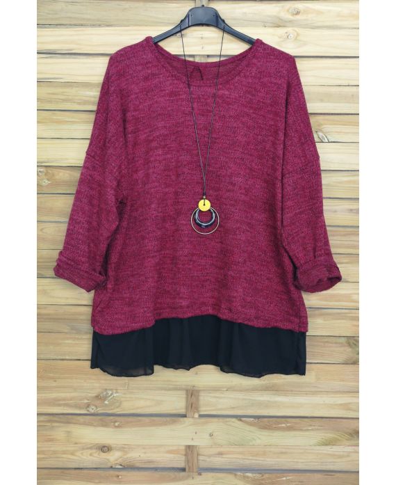 GRANDE TAILLE PULL BASE VOILAGE + COLLIER OFFERT 4012 BORDEAUX