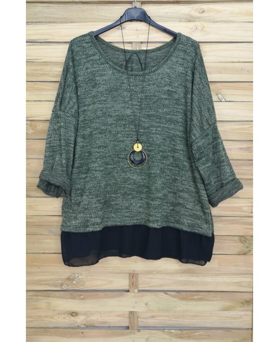 GRANDE TAILLE PULL BASE VOILAGE + COLLIER OFFERT 4012 VERT MILITAIRE