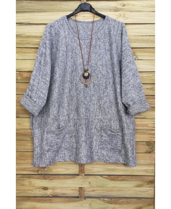 GRANDE TAILLE PULL 2 POCHES + COLLIER OFFERT 4015 GRIS