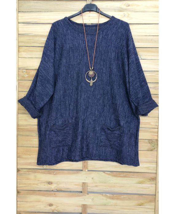 GRANDE TAILLE PULL 2 POCHES + COLLIER OFFERT 4015 BLEU MARINE