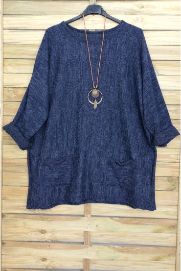 GRANDE TAILLE PULL 2 POCHES + COLLIER OFFERT 4015 BLEU MARINE