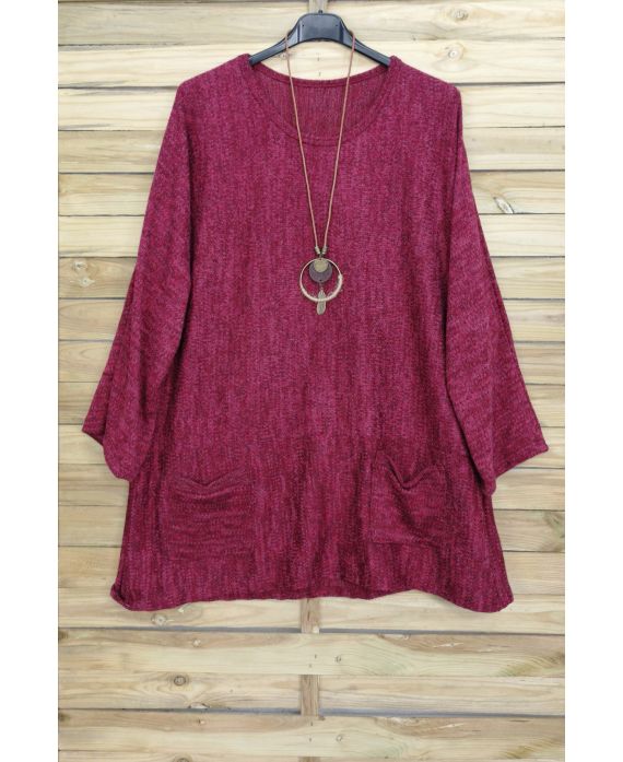 GRANDE TAILLE PULL 2 POCHES + COLLIER OFFERT 4015 BORDEAUX