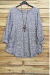 GRANDE TAILLE PULL 1 POCHE + COLLIER OFFERT GRIS