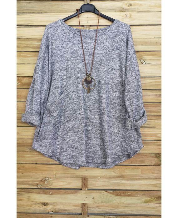 LARGE SIZE SWEATER 1 POCKET + NECKLACE OFFERED GREY