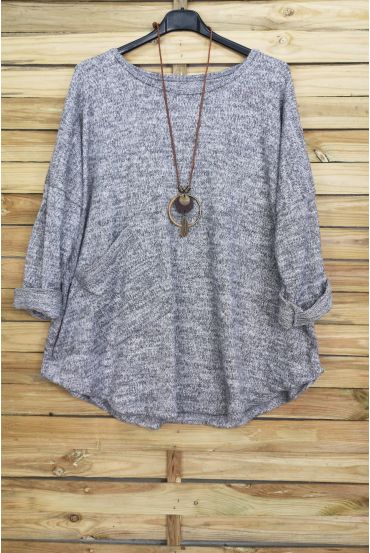 GRANDE TAILLE PULL 1 POCHE + COLLIER OFFERT GRIS