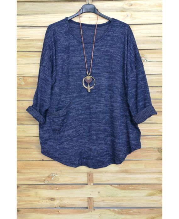 GRANDE TAILLE PULL 1 POCHE + COLLIER OFFERT BLEU MARINE