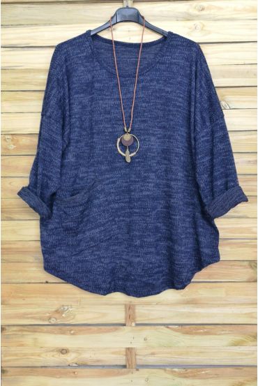 GRANDE TAILLE PULL 1 POCHE + COLLIER OFFERT BLEU MARINE