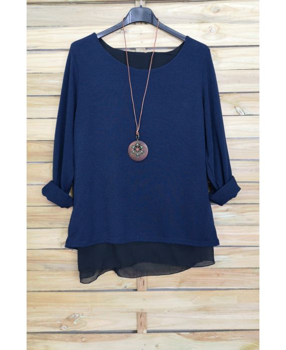 MAGLIONE OPEN BACK BI-MATERIA + COLLANA OFFERTI 4029 BLU NAVY