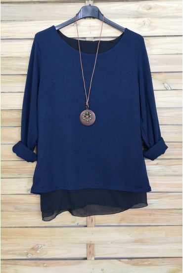 MAGLIONE OPEN BACK BI-MATERIA + COLLANA OFFERTI 4029 BLU NAVY