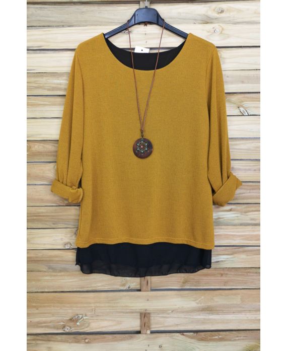 PULL DOS OUVERT BI-MATIERE + COLLIER OFFERT 4029 MOUTARDE