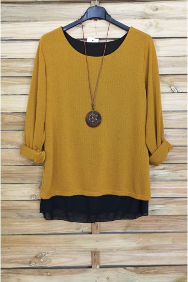 MAGLIONE OPEN BACK BI-MATERIA + COLLANA OFFERTI 4029 SENAPE