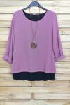 PULL DOS OUVERT BI-MATIERE + COLLIER OFFERT 4029 ROSE