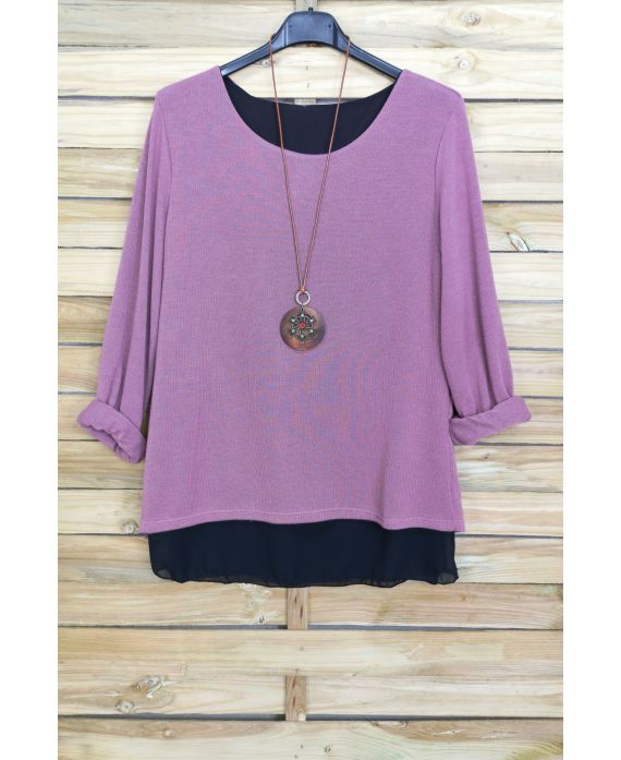 PULL DOS OUVERT BI-MATIERE + COLLIER OFFERT 4029 ROSE