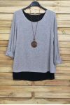 PULL DOS OUVERT BI-MATIERE + COLLIER OFFERT 4029 GRIS