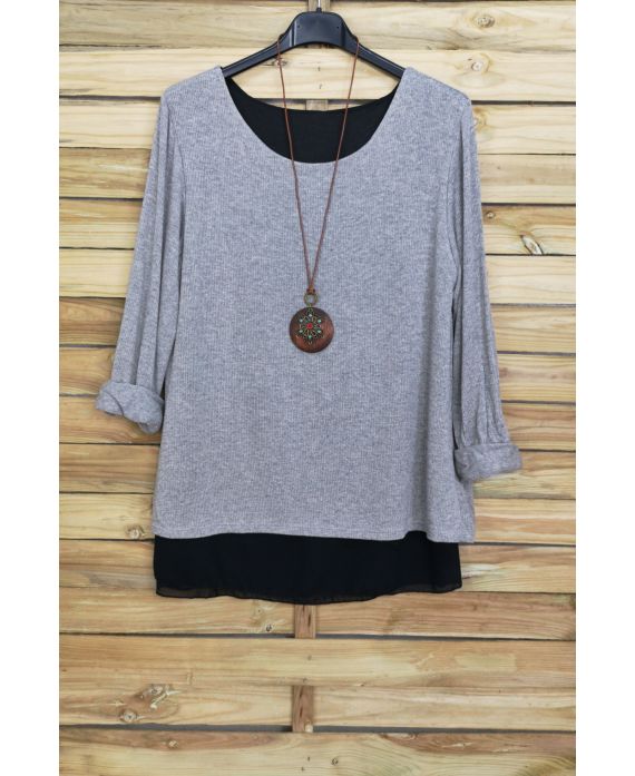 SWEATER OPEN BACK BI-MATTER + NECKLACE OFFERED 4029 GREY