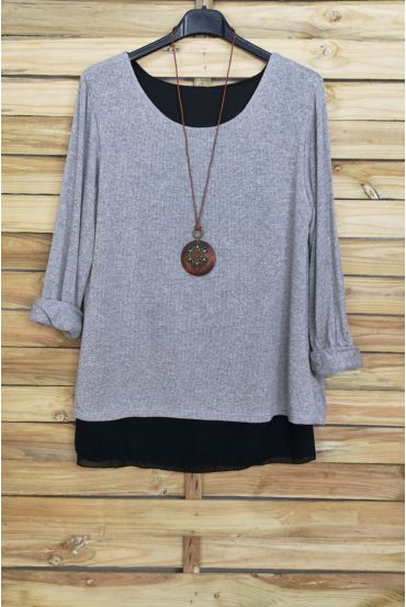 MAGLIONE OPEN BACK BI-MATERIA + COLLANA OFFERTI 4029 GRIGIO