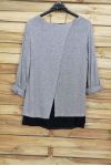 PULL DOS OUVERT BI-MATIERE + COLLIER OFFERT 4029 GRIS