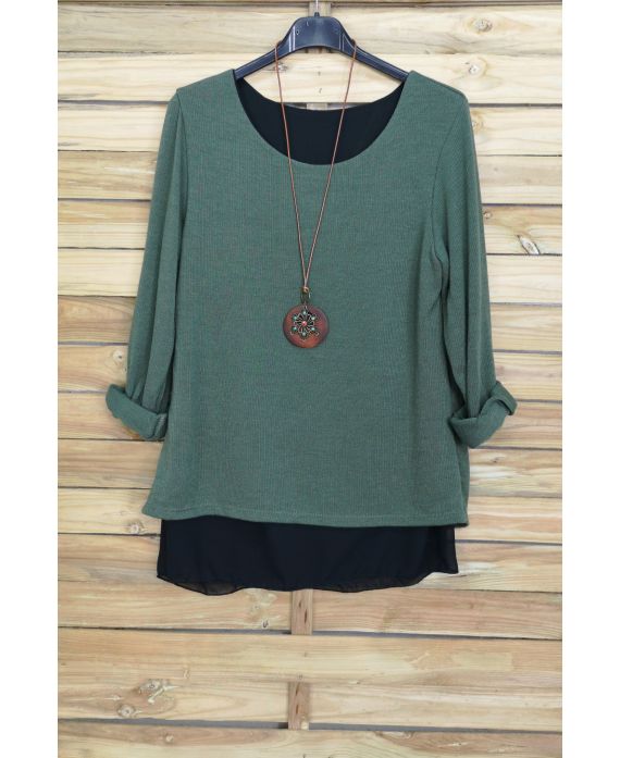 PULL DOS OUVERT BI-MATIERE + COLLIER OFFERT 4029 VERT MILITAIRE