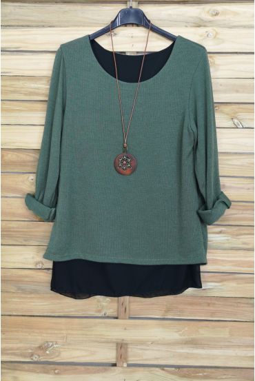 PULL DOS OUVERT BI-MATIERE + COLLIER OFFERT 4029 VERT MILITAIRE