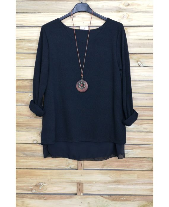 PULL DOS OUVERT BI-MATIERE + COLLIER OFFERT 4029 NOIR