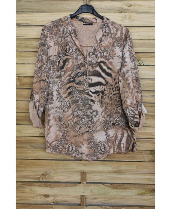 BLOUSE PRINT SCOOP NECKLINE HAS BUTTONS 4036 BEIGE