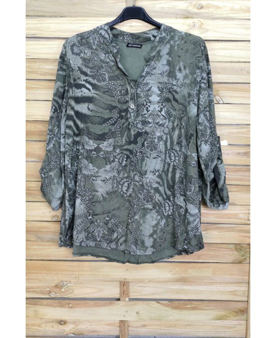 BLOUSE PRINT SCOOP NECKLINE HAS BUTTONS 4036 MILITARY GREEN