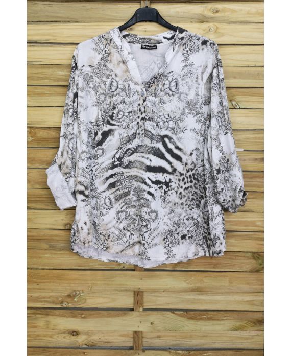 BLOUSE PRINT SCOOP NECKLINE HAS BUTTONS 4036 WHITE