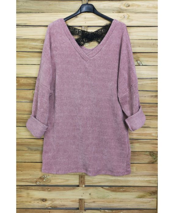 A SWEATER-SOFT, OVERSIZE BACK LACE CROSS-4044 M PINK