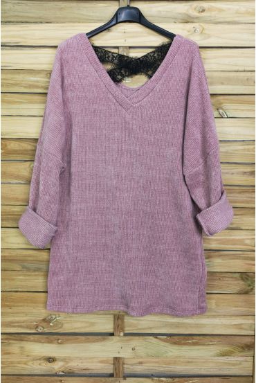 A SWEATER-SOFT, OVERSIZE BACK LACE CROSS-4044 M PINK