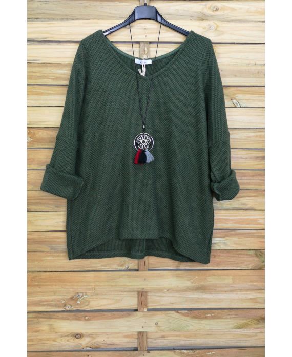 V NECK SWEATER + NECKLACE OFFERED 4052 MILITARY GREEN