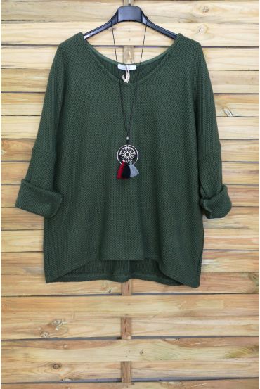 PULL COL V + COLLIER OFFERT 4052 VERT MILITAIRE