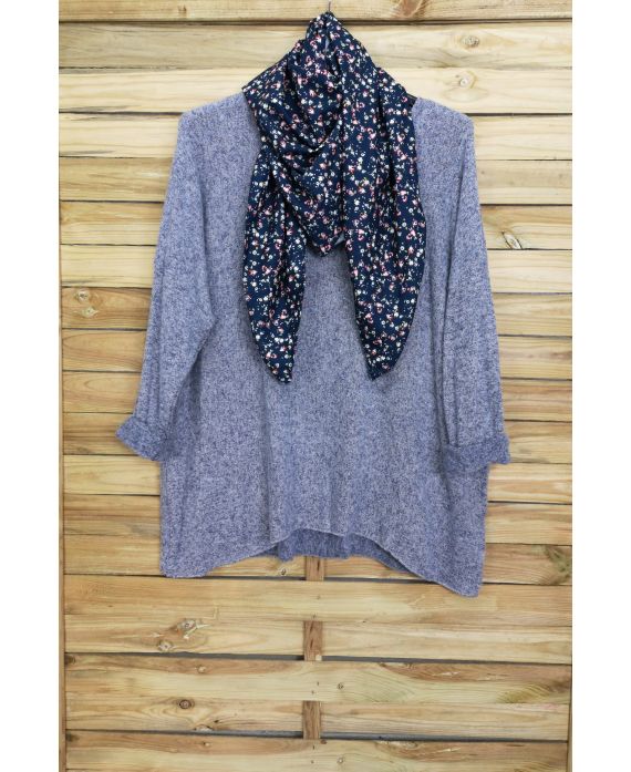 GRANDE TAILLE PULL DOUX + FOULARD ASSORTI 5006 BLEU