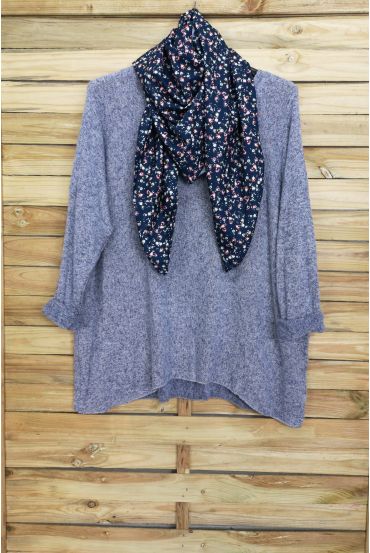 GRANDE TAILLE PULL DOUX + FOULARD ASSORTI 5006 BLEU