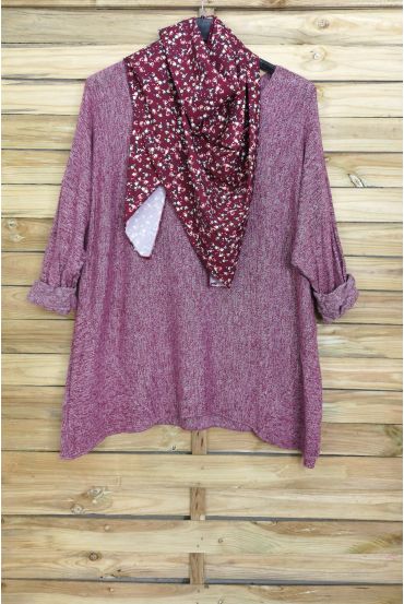 GRANDE TAILLE PULL DOUX + FOULARD ASSORTI 5006 BORDEAUX