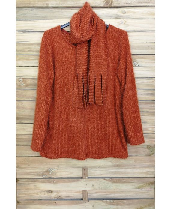 LARGE SIZE SWEATER WITH SCARF ATTACHED 4089 BRICK