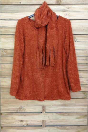 LARGE SIZE SWEATER WITH SCARF ATTACHED 4089 BRICK
