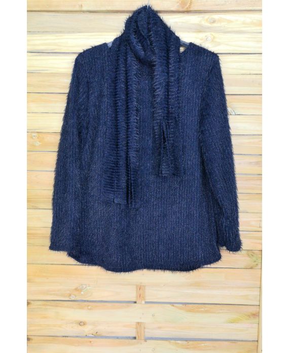 LARGE SIZE SWEATER WITH SCARF ATTACHED 4089 NAVY BLUE